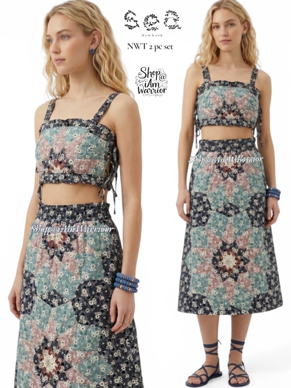 SEA NY NWT Patchwork Quilt Star Cropped Top + Midi Skirt | Boho Cottagecore